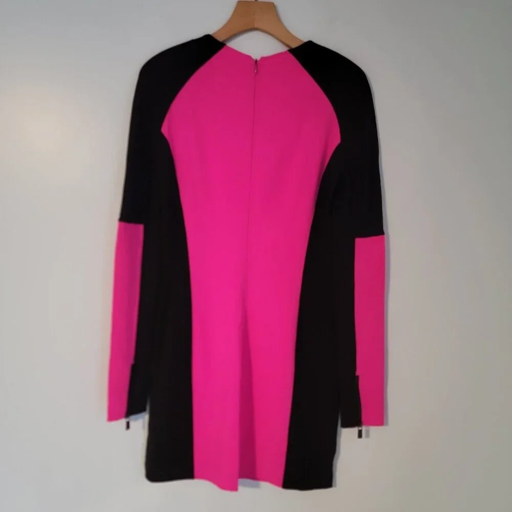 Michael Kors Dress Hot Pink Black Colorblock Virgin Wool Long Sleeve Sz‎ 2 NWOT